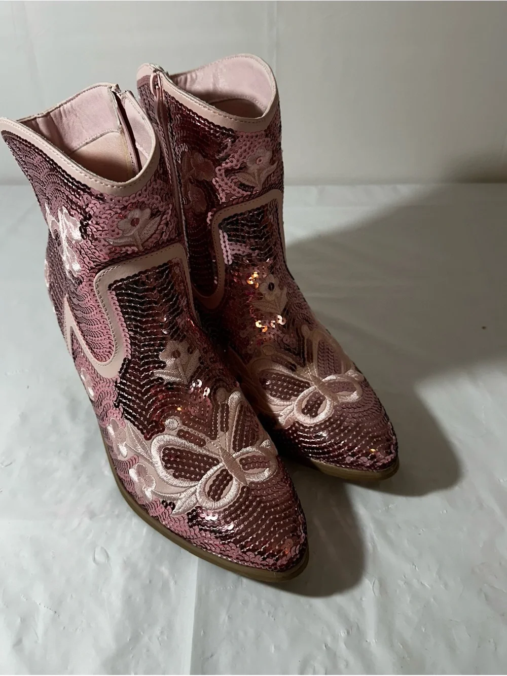 Pink Unique Sequin Western Ankle Boots for Women 8.5